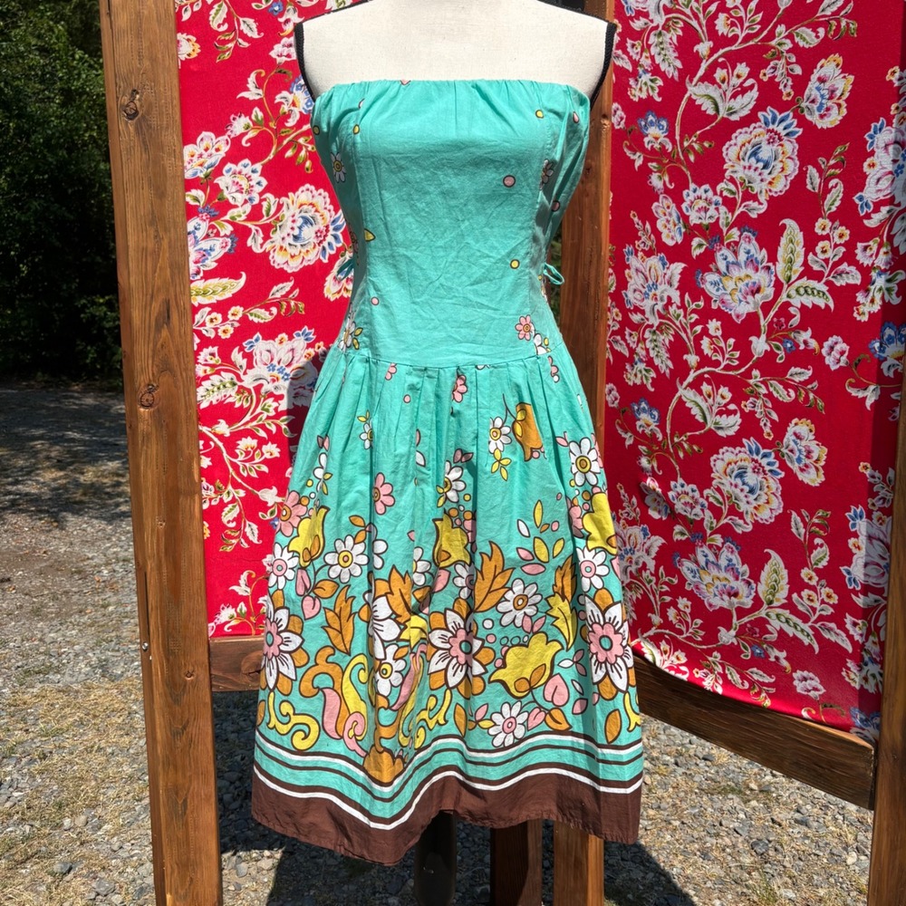 Vintage 2000's Turquoise Brown Floral Funky Strapless Midi Dress Size XXS-XS
